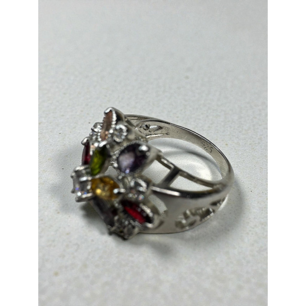 Silver Tone Multicolor Crystal Floral Cluster Statement Ring Size 7.75