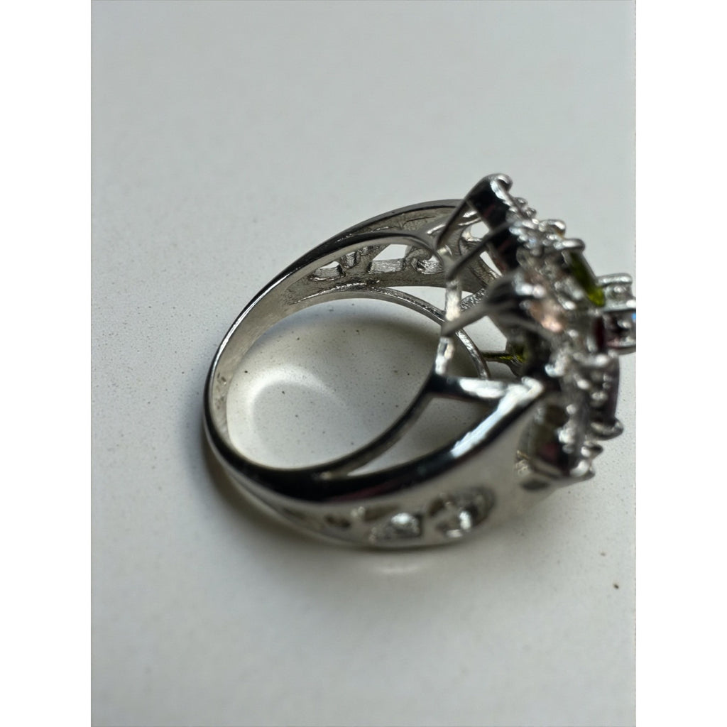 Silver Tone Multicolor Crystal Floral Cluster Statement Ring Size 7.75
