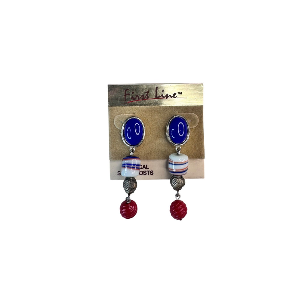 First Line Pierced Earrings Red Blue Glass Acrylic 1990s Vintage