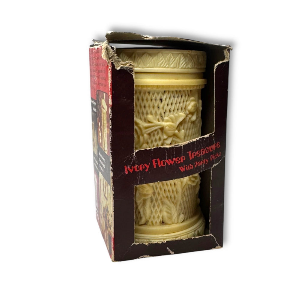 Vintage Plastic Ivory Flower Treasure Replica With 38 Party Picks 1960s