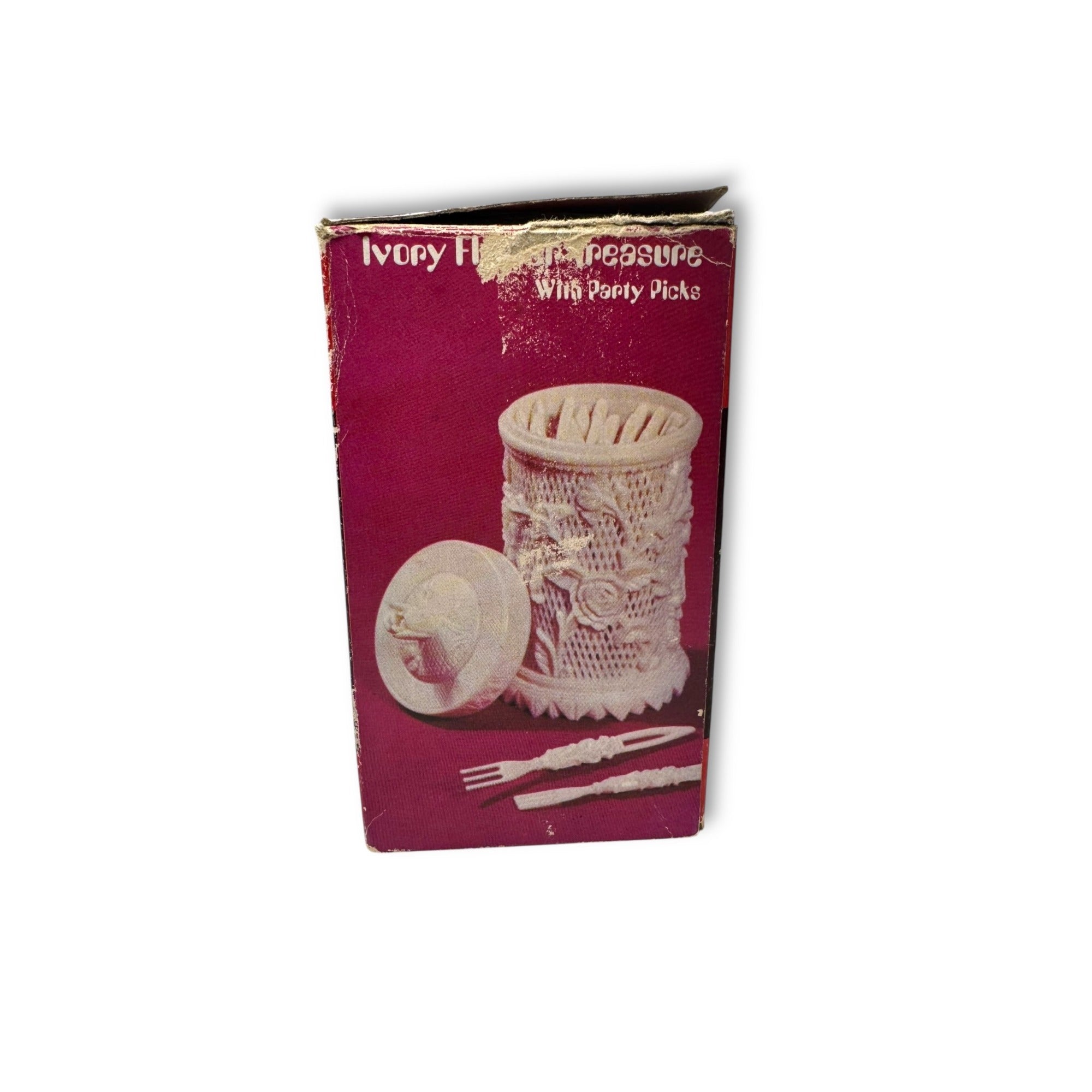 Vintage Plastic Ivory Flower Treasure Replica With 38 Party Picks 1960s