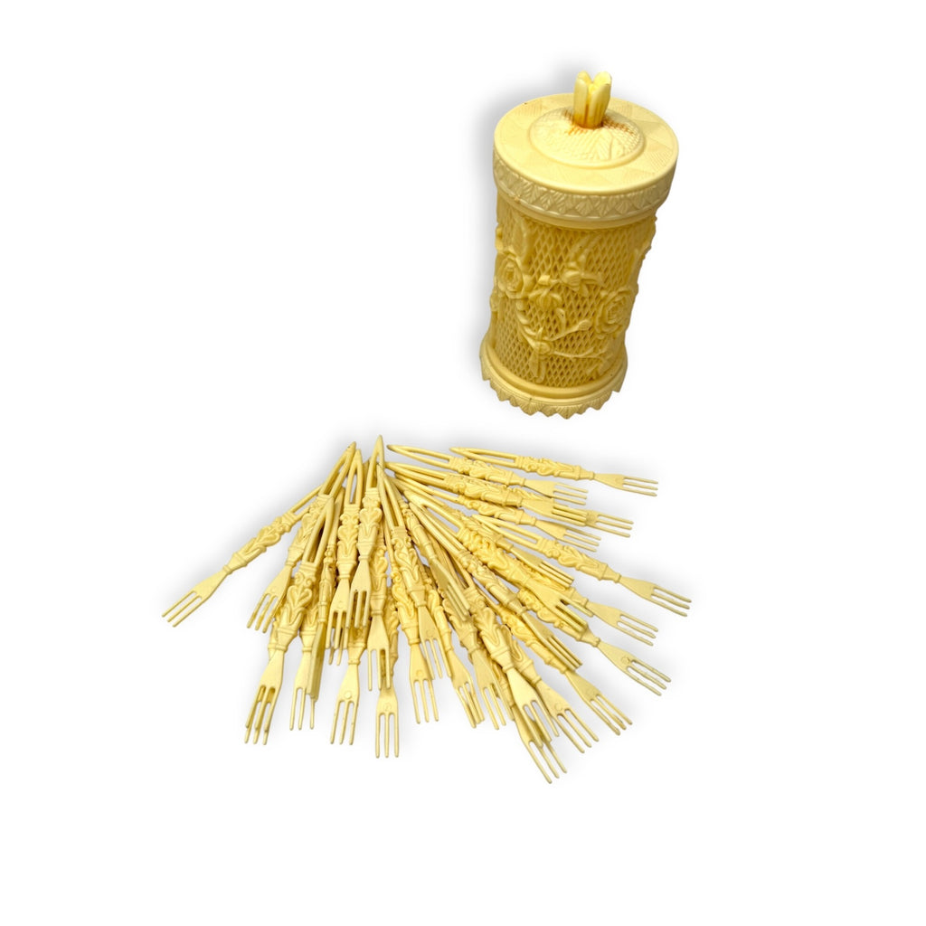 Vintage Plastic Ivory Flower Treasure Replica With 38 Party Picks 1960s