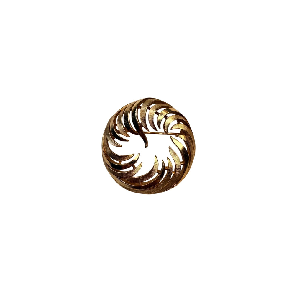 Crown Trifari Circular Brooch Gold Tone Openwork Swirl Mid Century 1960s