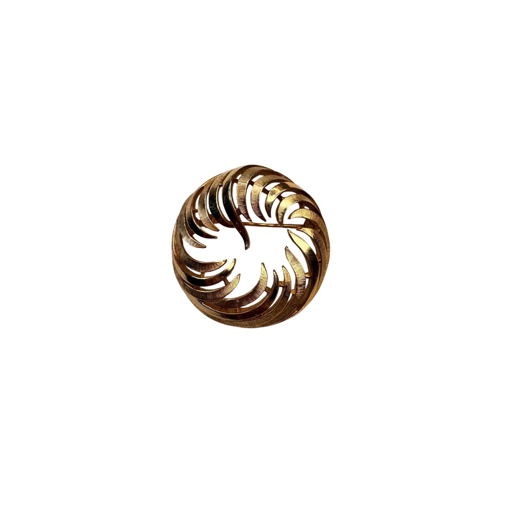 Crown Trifari Circular Brooch Gold Tone Openwork Swirl Mid Century 1960s