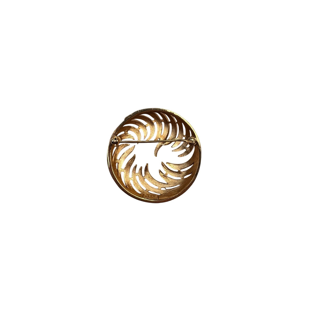 Crown Trifari Circular Brooch Gold Tone Openwork Swirl Mid Century 1960s