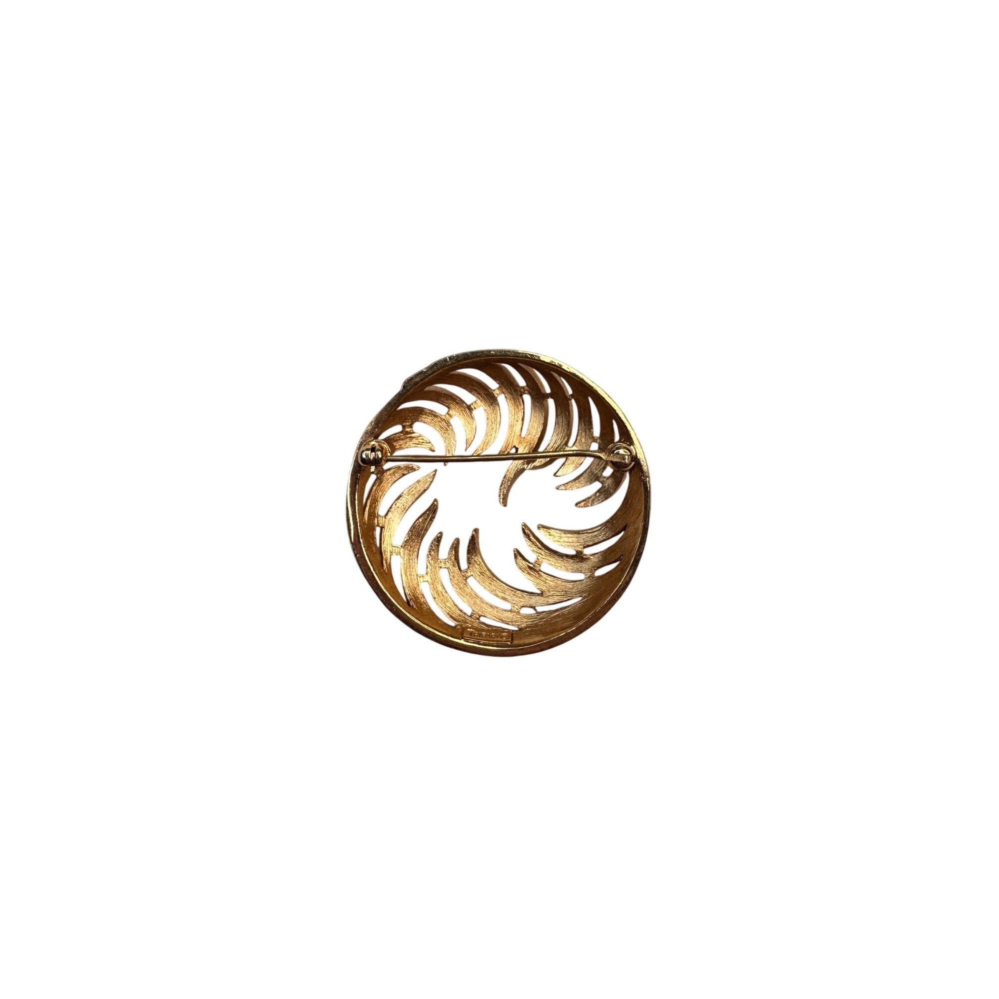 Crown Trifari Circular Brooch Gold Tone Openwork Swirl Mid Century 1960s