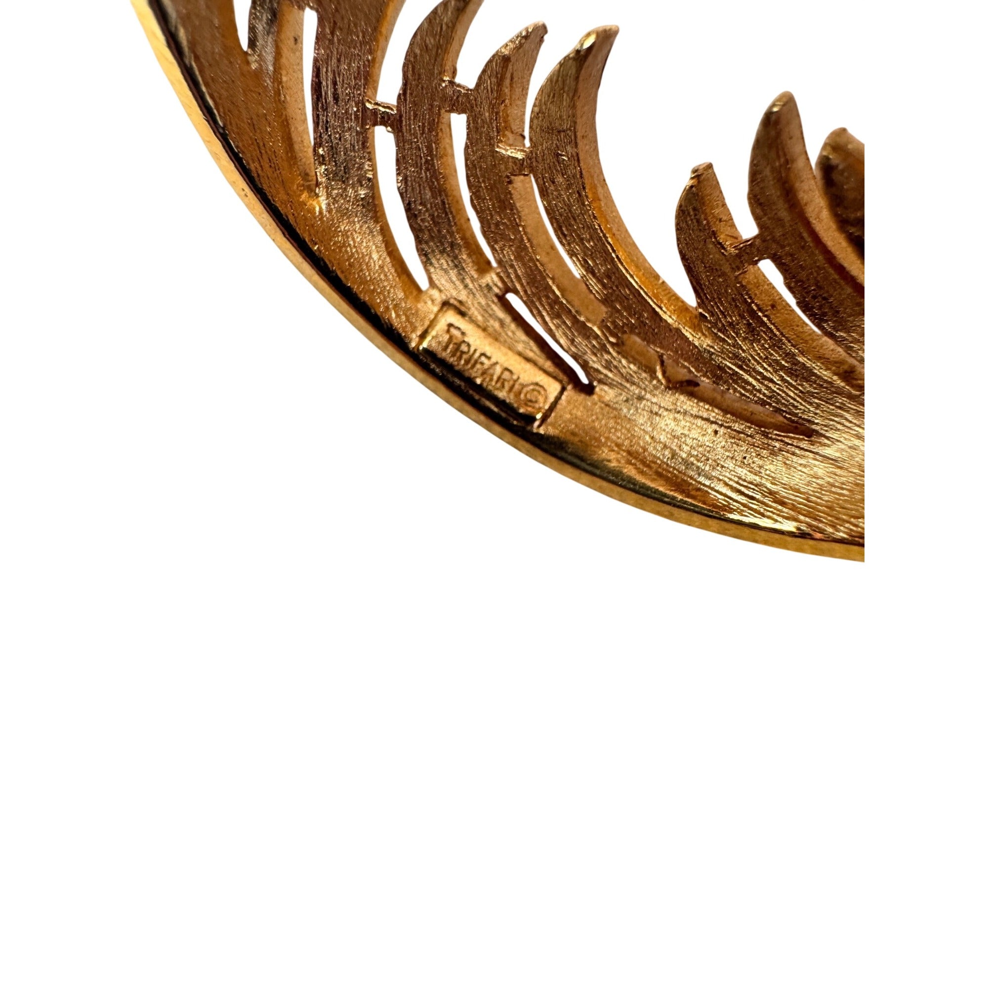 Crown Trifari Circular Brooch Gold Tone Openwork Swirl Mid Century 1960s