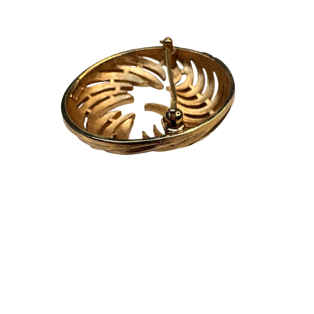 Crown Trifari Circular Brooch Gold Tone Openwork Swirl Mid Century 1960s