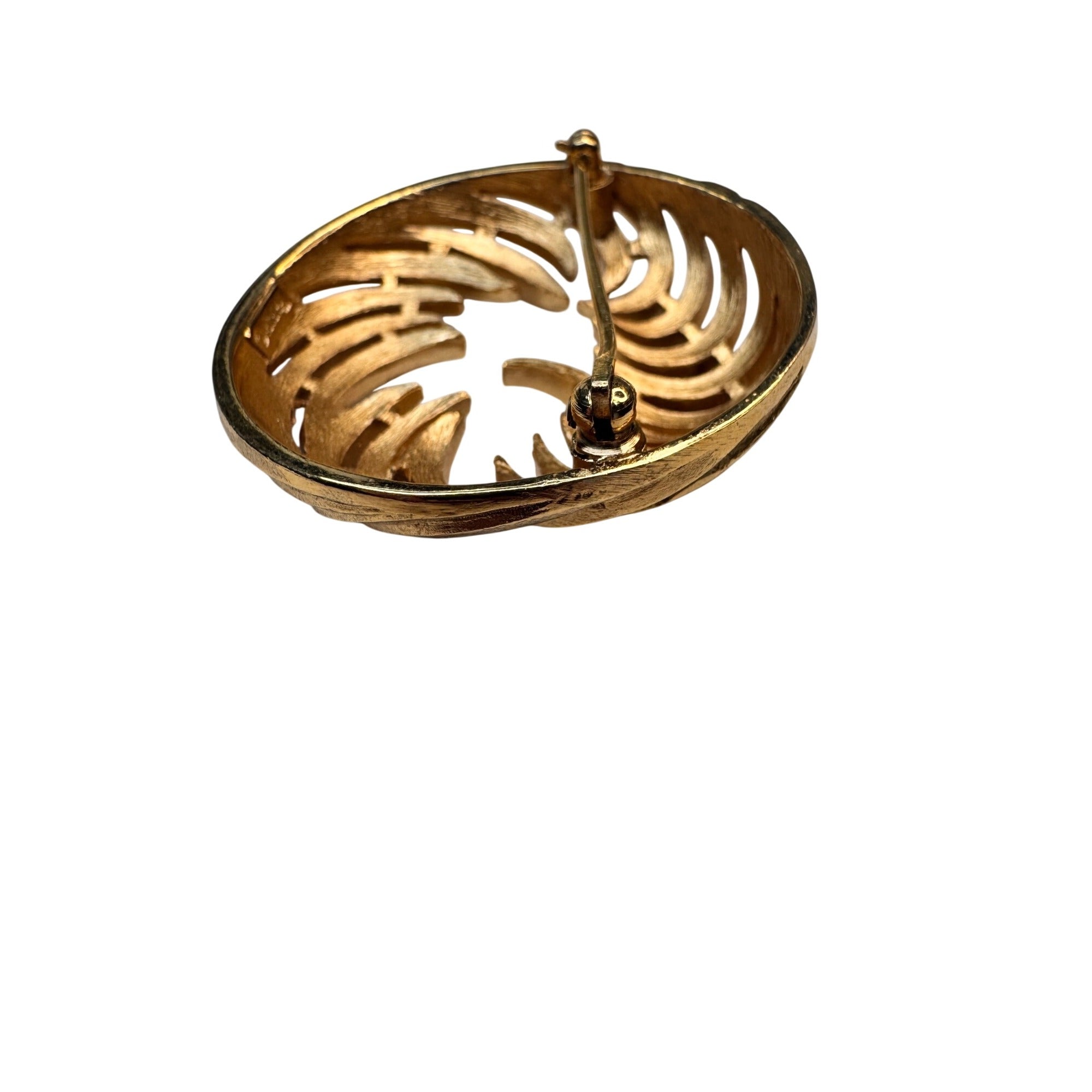 Crown Trifari Circular Brooch Gold Tone Openwork Swirl Mid Century 1960s