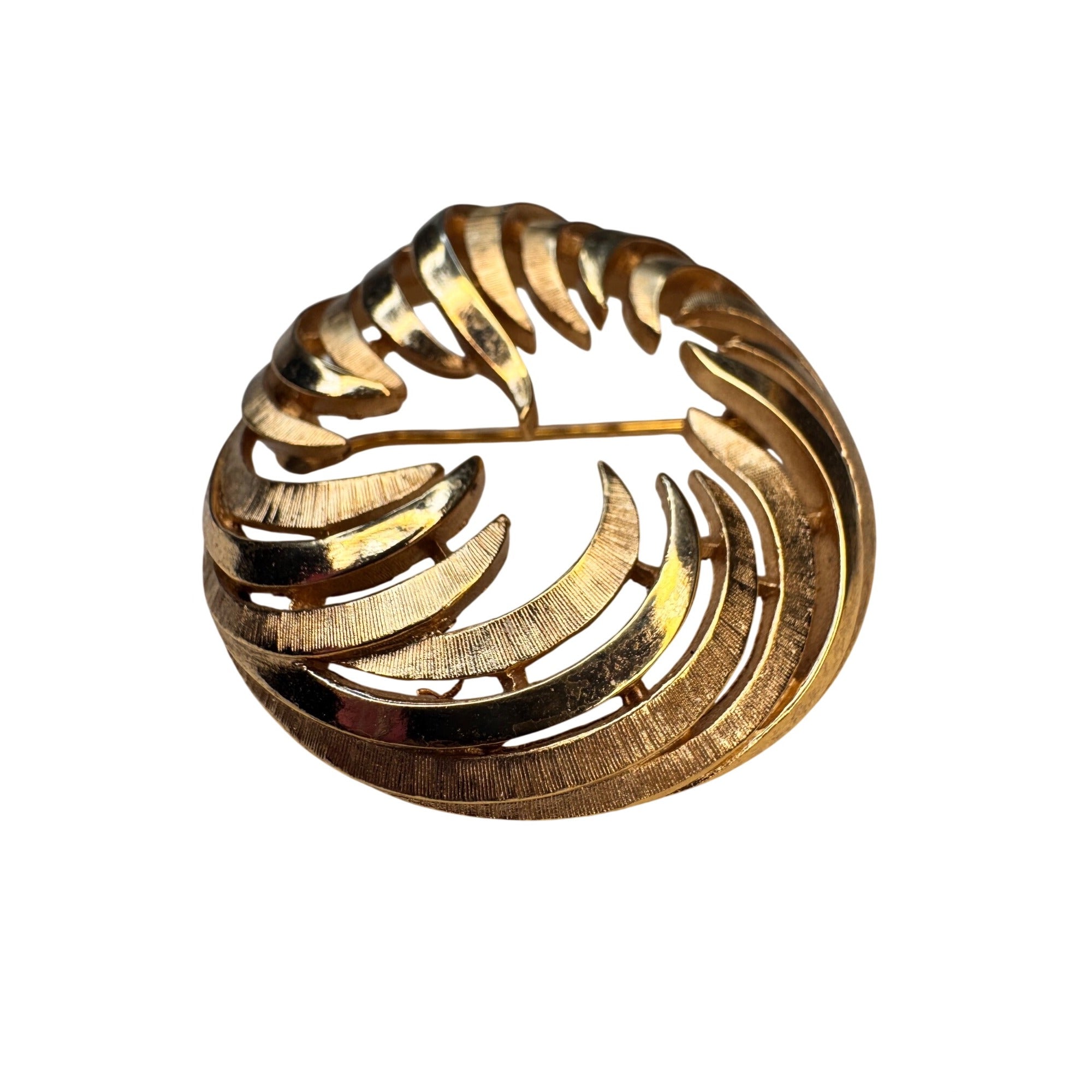 Crown Trifari Circular Brooch Gold Tone Openwork Swirl Mid Century 1960s
