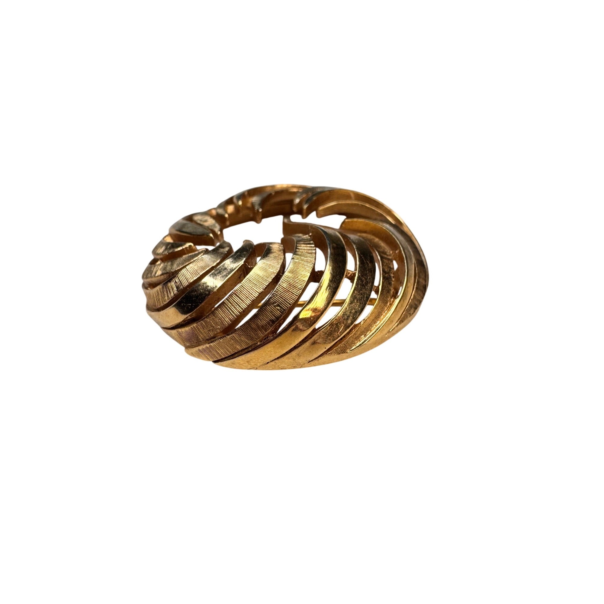 Crown Trifari Circular Brooch Gold Tone Openwork Swirl Mid Century 1960s