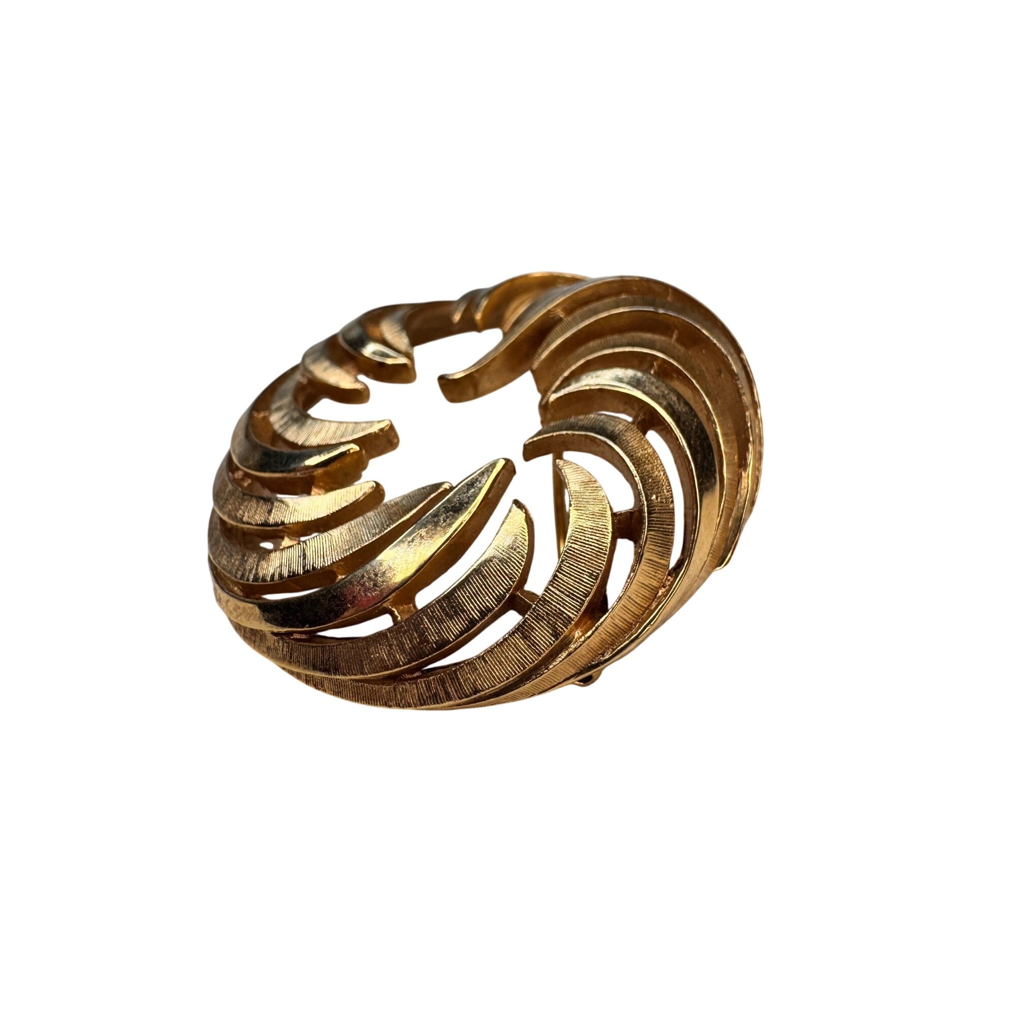 Crown Trifari Circular Brooch Gold Tone Openwork Swirl Mid Century 1960s