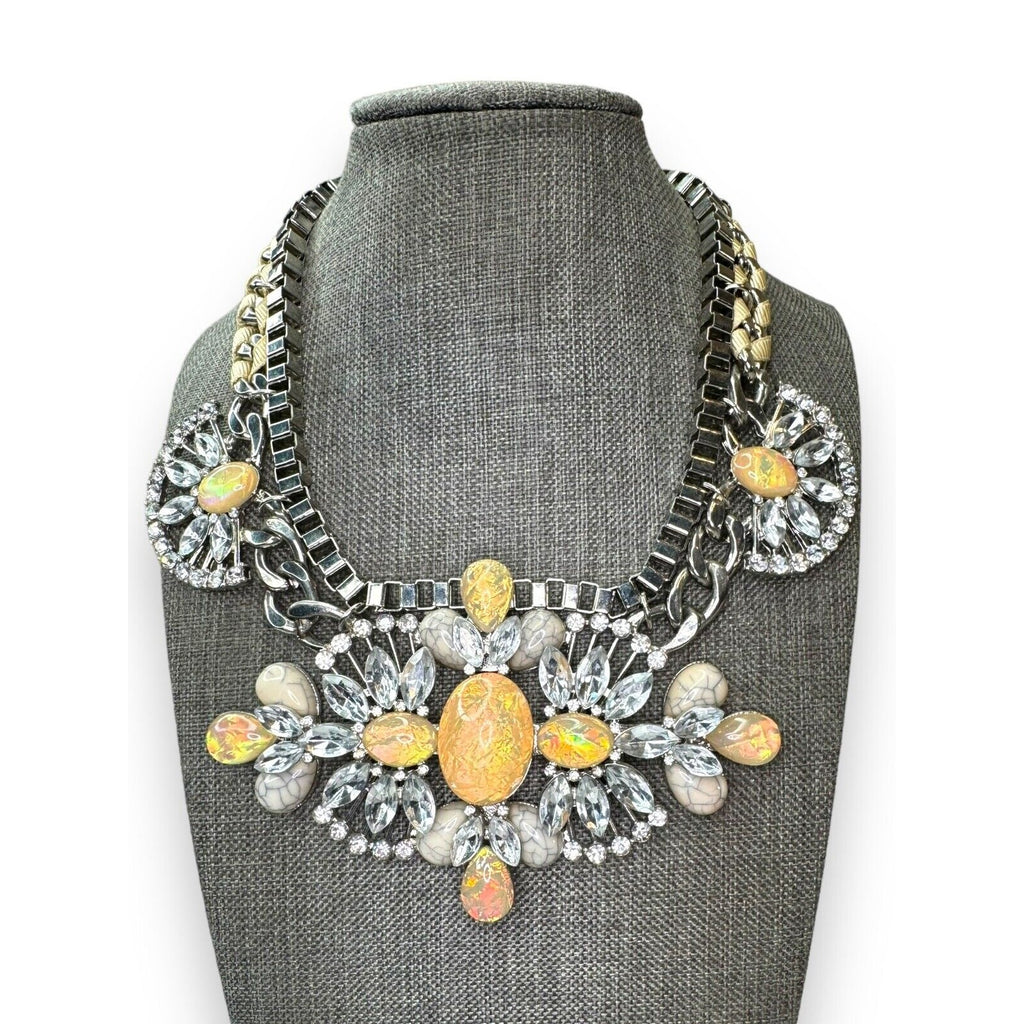 Silver Tone Faux Opal Acrylic Statement Necklace Modern