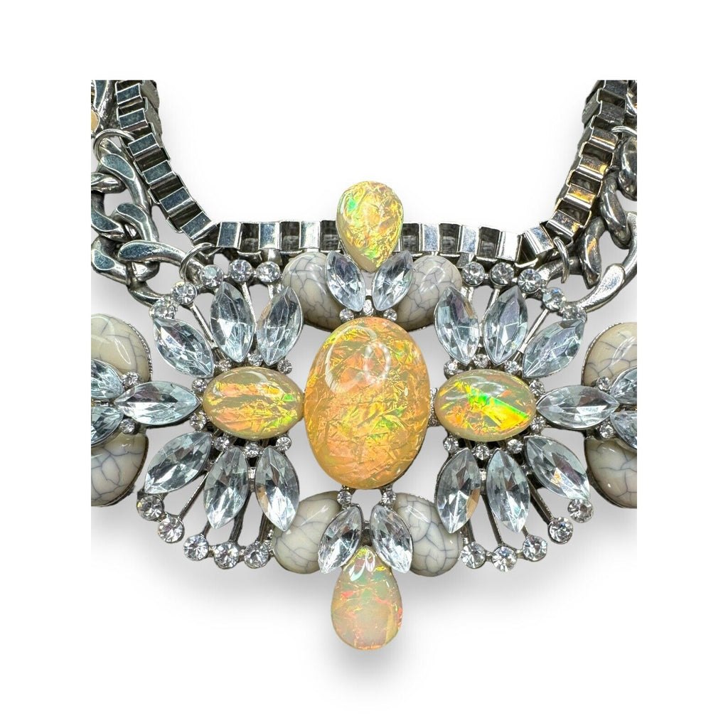 Silver Tone Faux Opal Acrylic Statement Necklace Modern