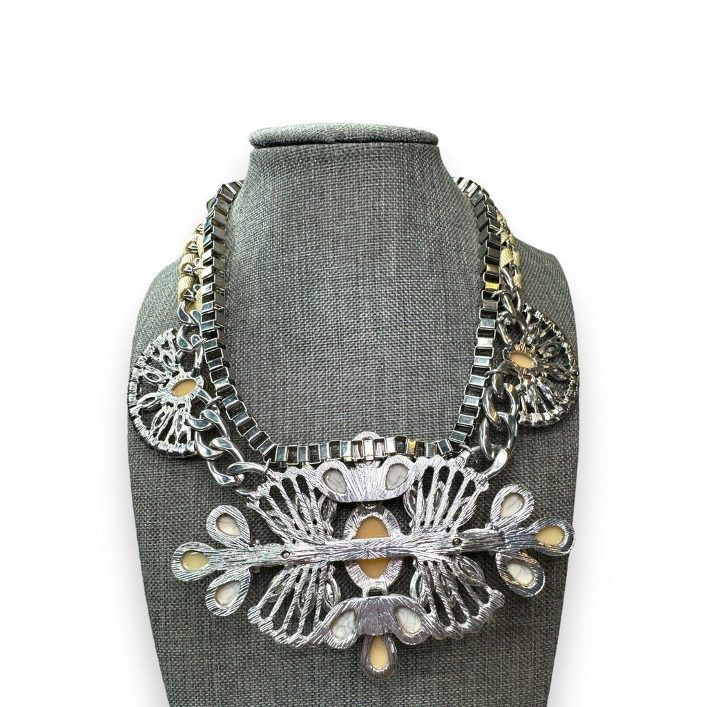 Silver Tone Faux Opal Acrylic Statement Necklace Modern
