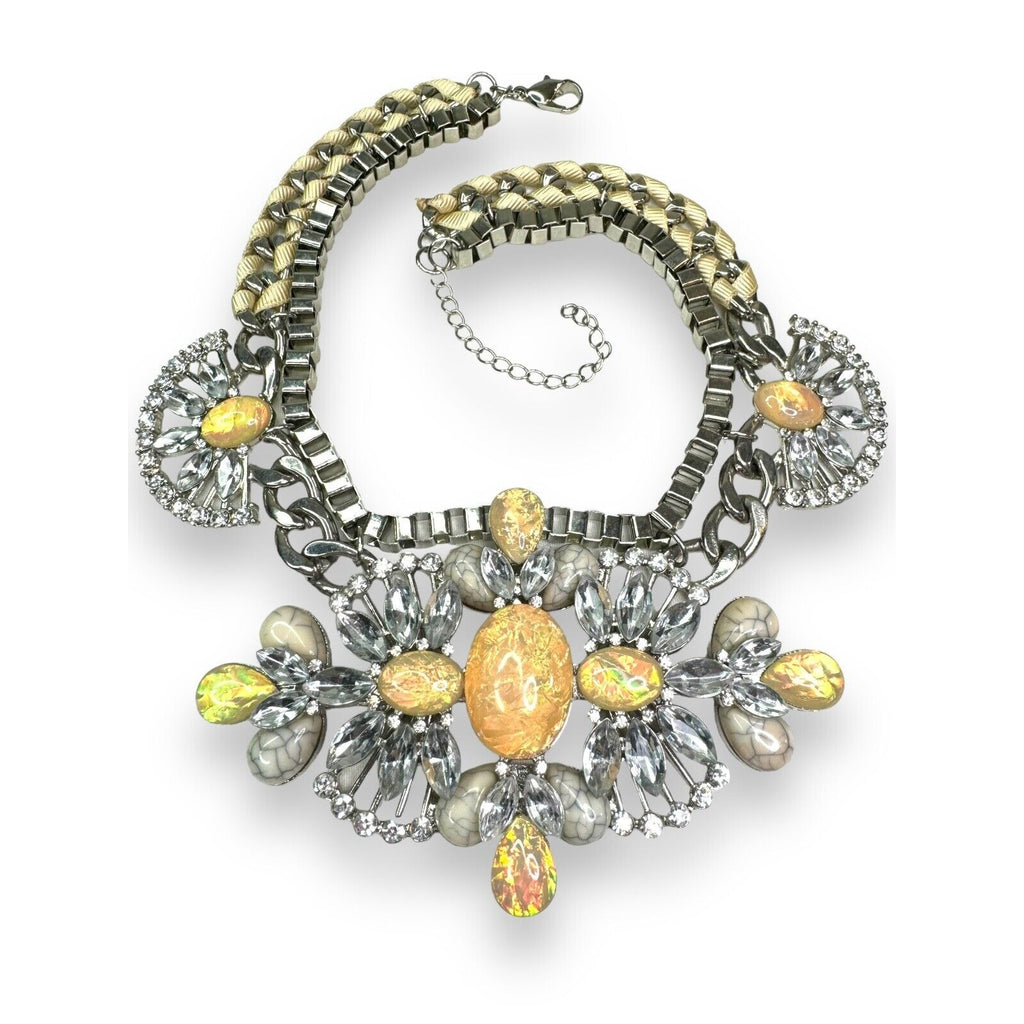Silver Tone Faux Opal Acrylic Statement Necklace Modern