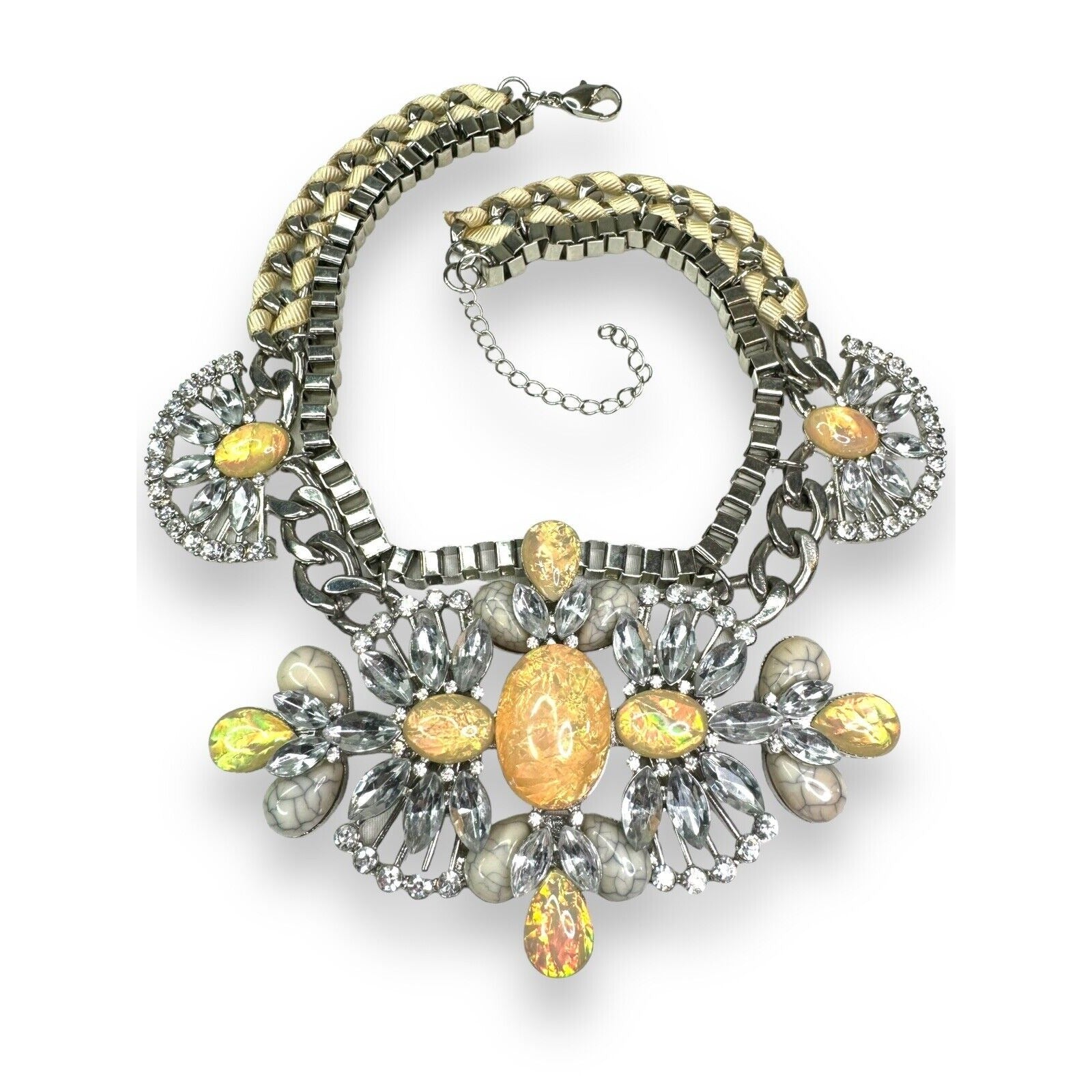 Silver Tone Faux Opal Acrylic Statement Necklace Modern