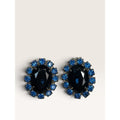 1950s Cobalt Navy Blue Glass Crystal Rhinestone Oval Clip Earrings 1.04" Vintage