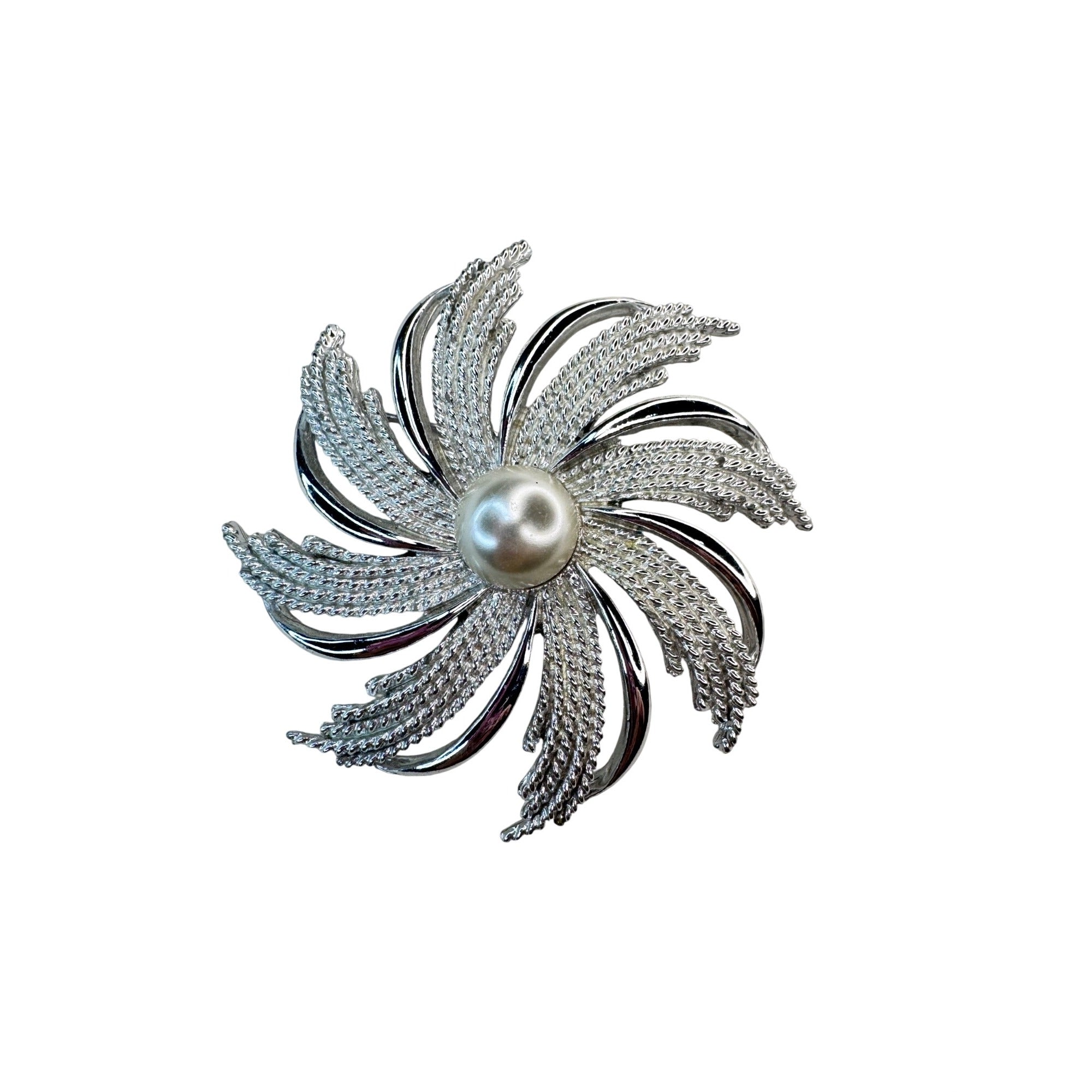 Sarah Coventry Silver Tone Pinwheel Flower Brooch 1962 Faux Pearl Vintage