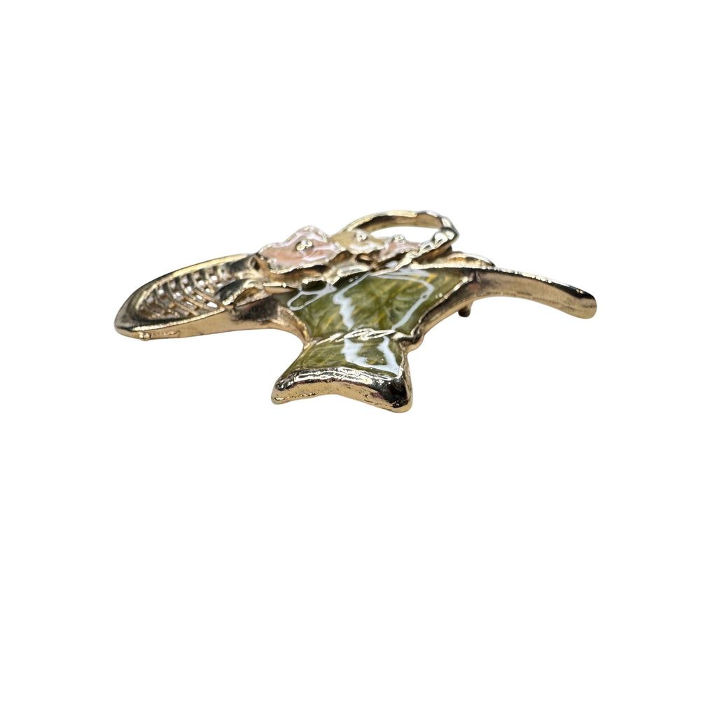 Unsigned Flower Basket Brooch Gold Tone Enamel Floral 1980s Vintage