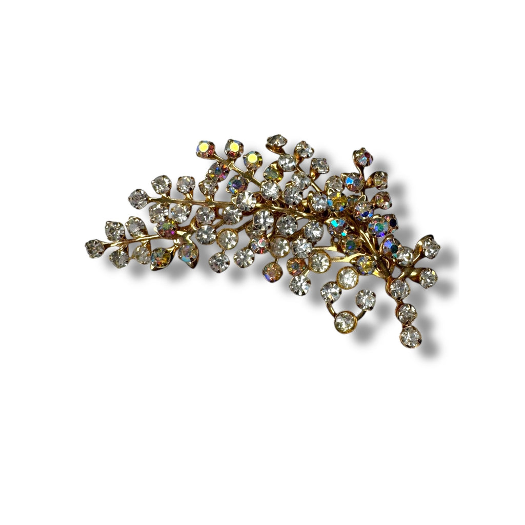 Aurora Borealis Crystal Gold Tone Leaf Spray Brooch 3.14" x 1.79" Vintage