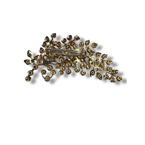 Aurora Borealis Crystal Gold Tone Leaf Spray Brooch 3.14" x 1.79" Vintage