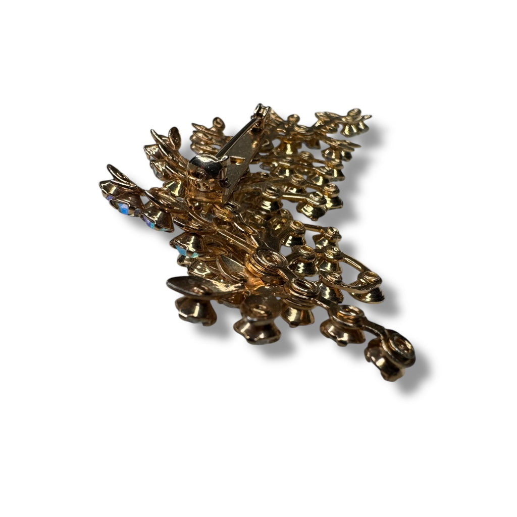 Aurora Borealis Crystal Gold Tone Leaf Spray Brooch 3.14" x 1.79" Vintage