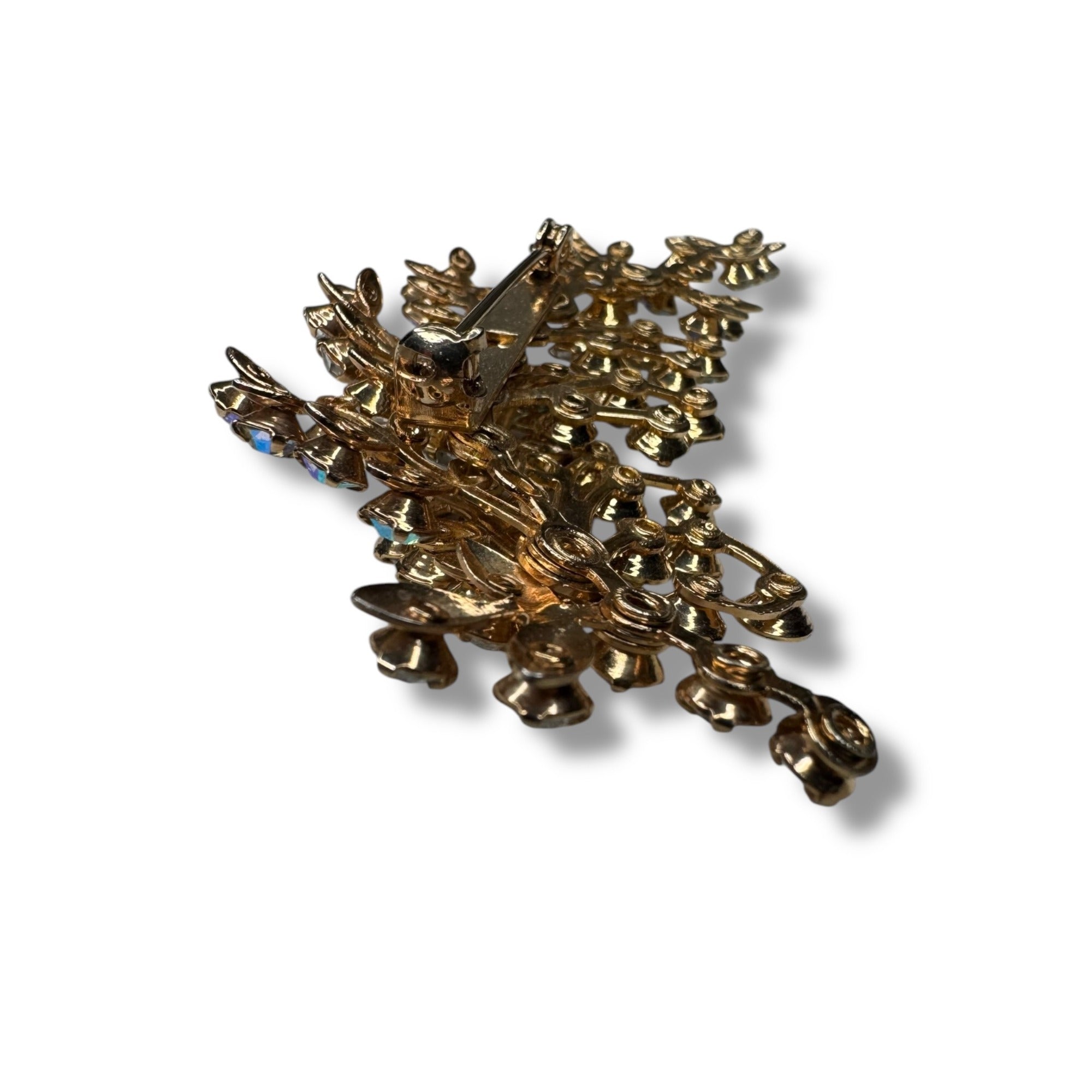 Aurora Borealis Crystal Gold Tone Leaf Spray Brooch 3.14" x 1.79" Vintage