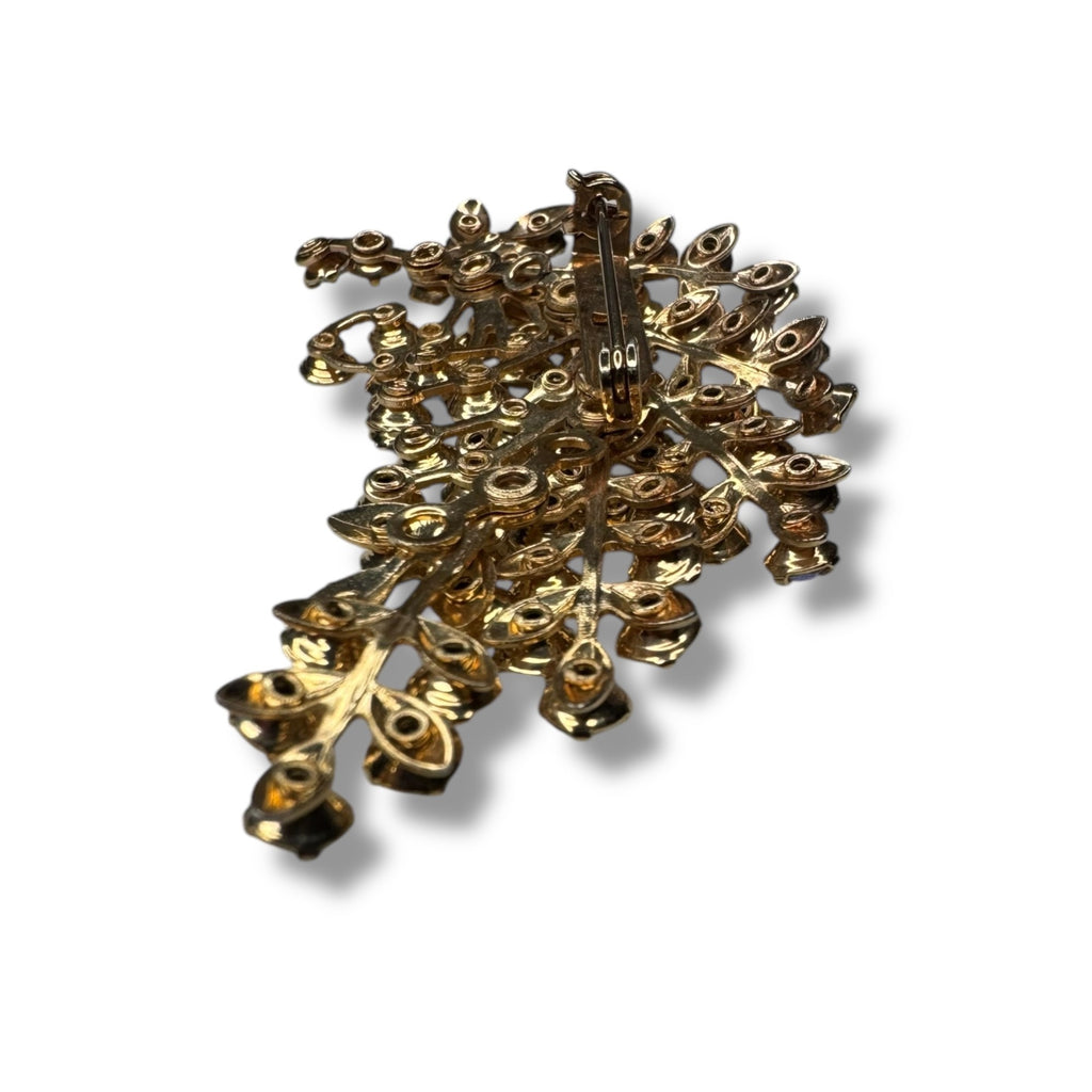 Aurora Borealis Crystal Gold Tone Leaf Spray Brooch 3.14" x 1.79" Vintage