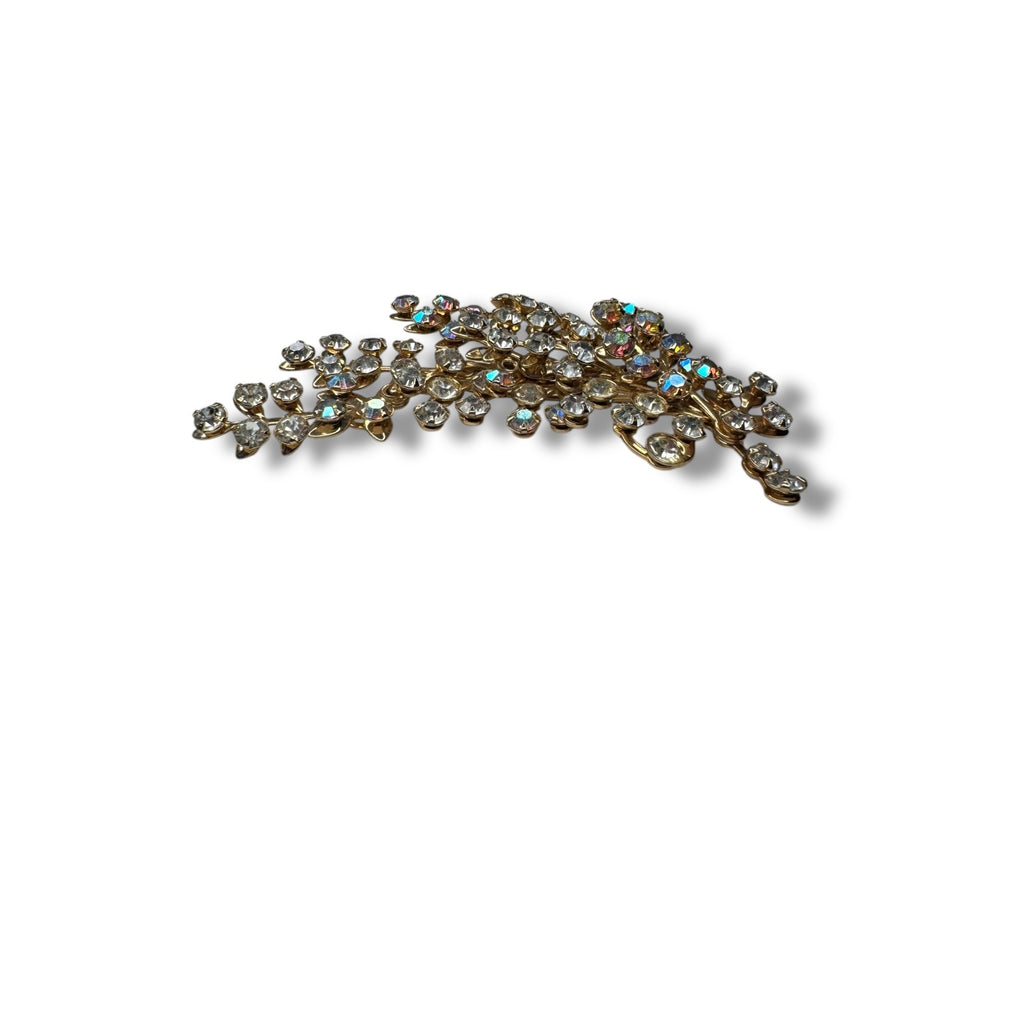 Aurora Borealis Crystal Gold Tone Leaf Spray Brooch 3.14" x 1.79" Vintage