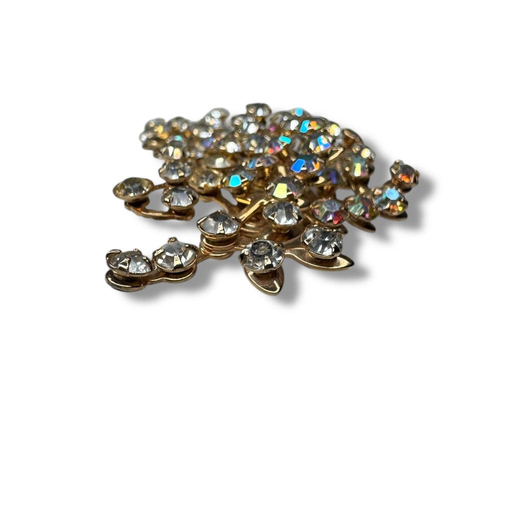Aurora Borealis Crystal Gold Tone Leaf Spray Brooch 3.14" x 1.79" Vintage