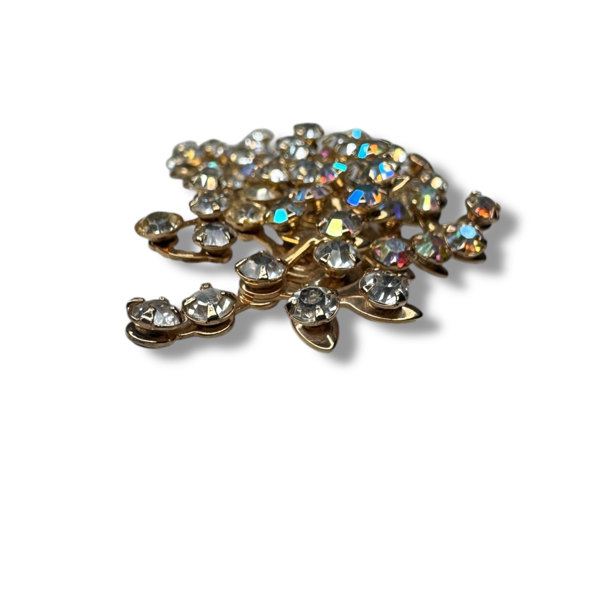 Aurora Borealis Crystal Gold Tone Leaf Spray Brooch 3.14" x 1.79" Vintage