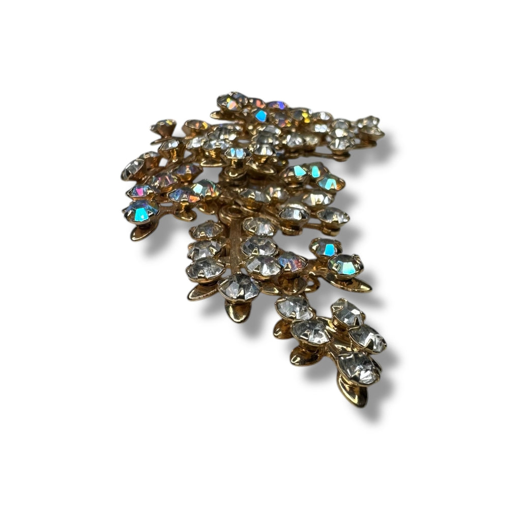 Aurora Borealis Crystal Gold Tone Leaf Spray Brooch 3.14" x 1.79" Vintage