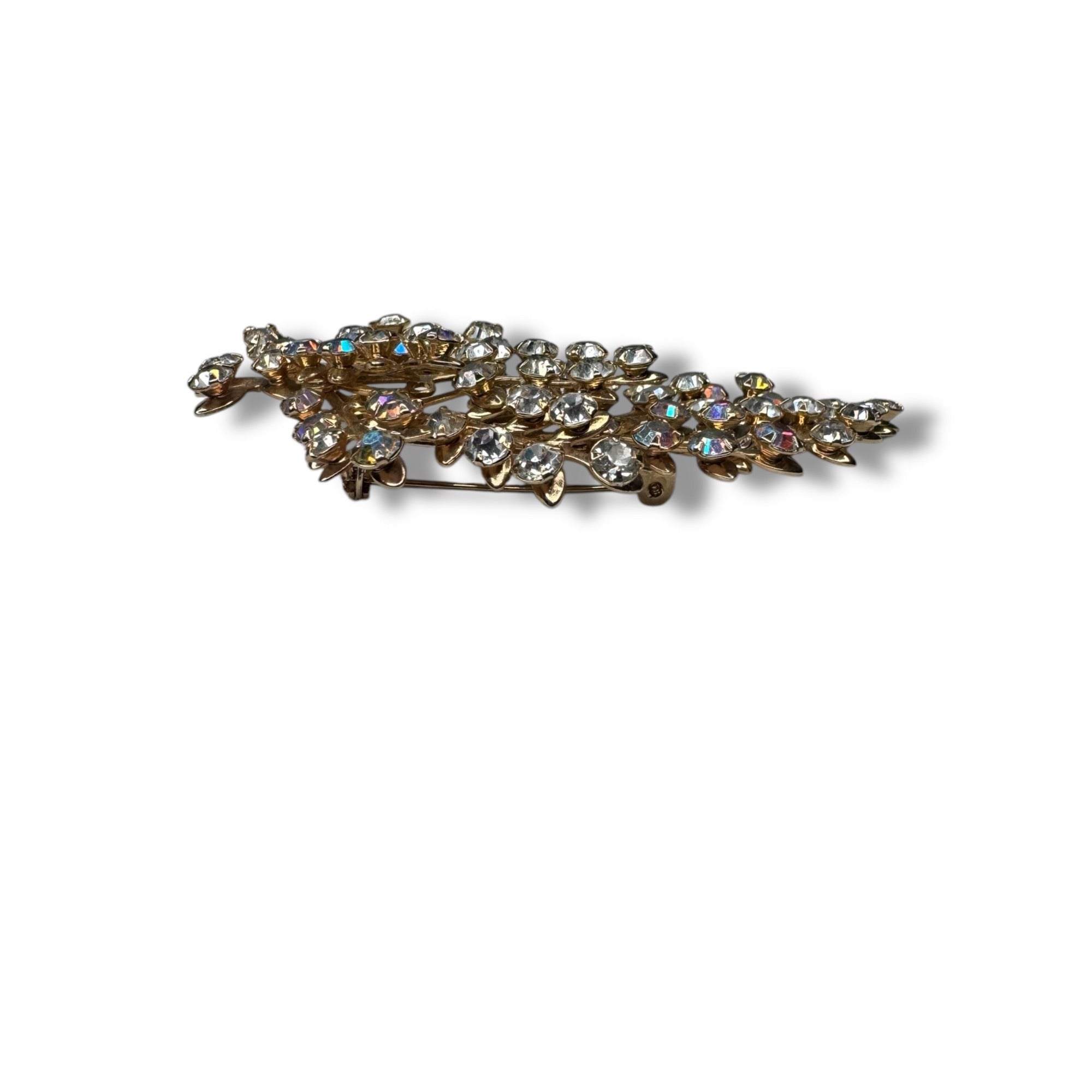Aurora Borealis Crystal Gold Tone Leaf Spray Brooch 3.14" x 1.79" Vintage