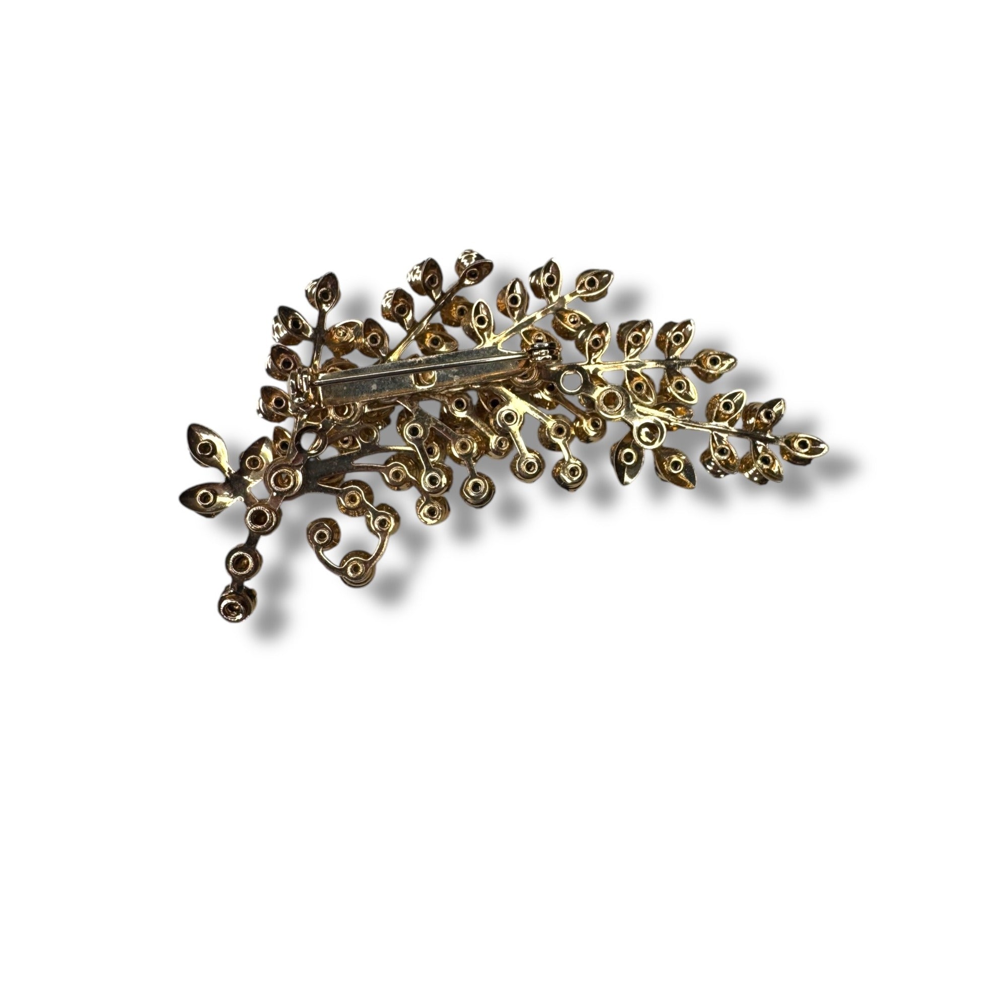 Aurora Borealis Crystal Gold Tone Leaf Spray Brooch 3.14" x 1.79" Vintage