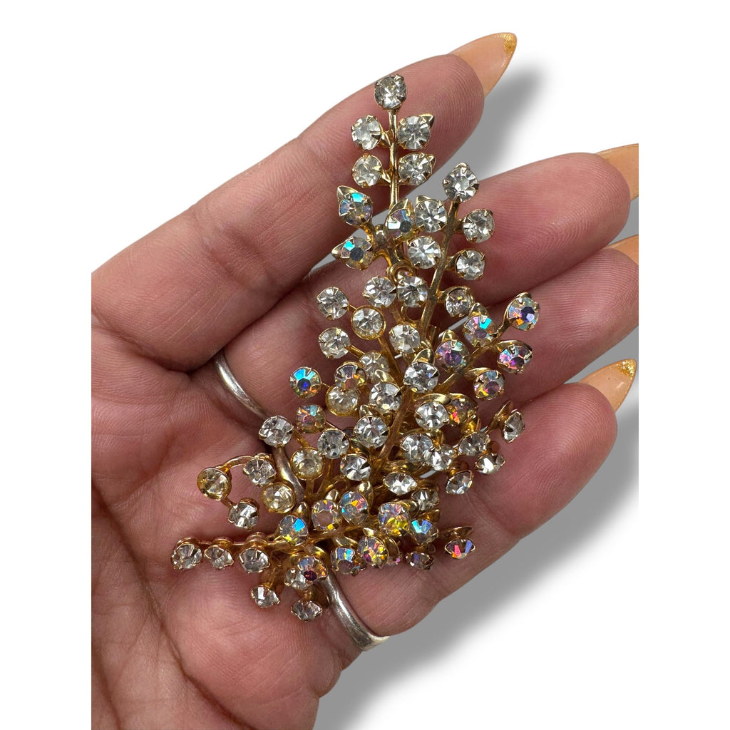 Aurora Borealis Crystal Gold Tone Leaf Spray Brooch 3.14" x 1.79" Vintage