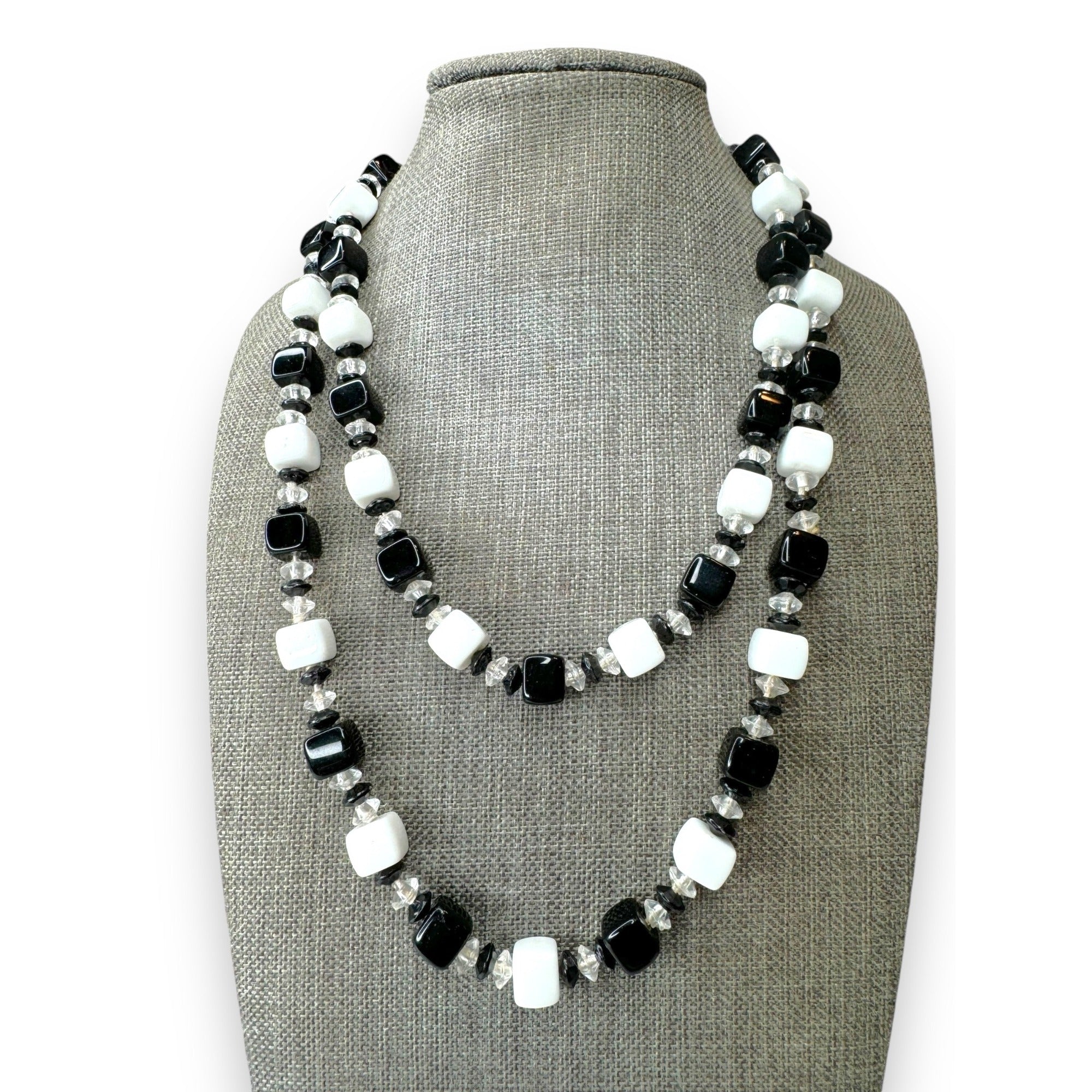 Vintage Black White GlassCube Bead Necklace 36”