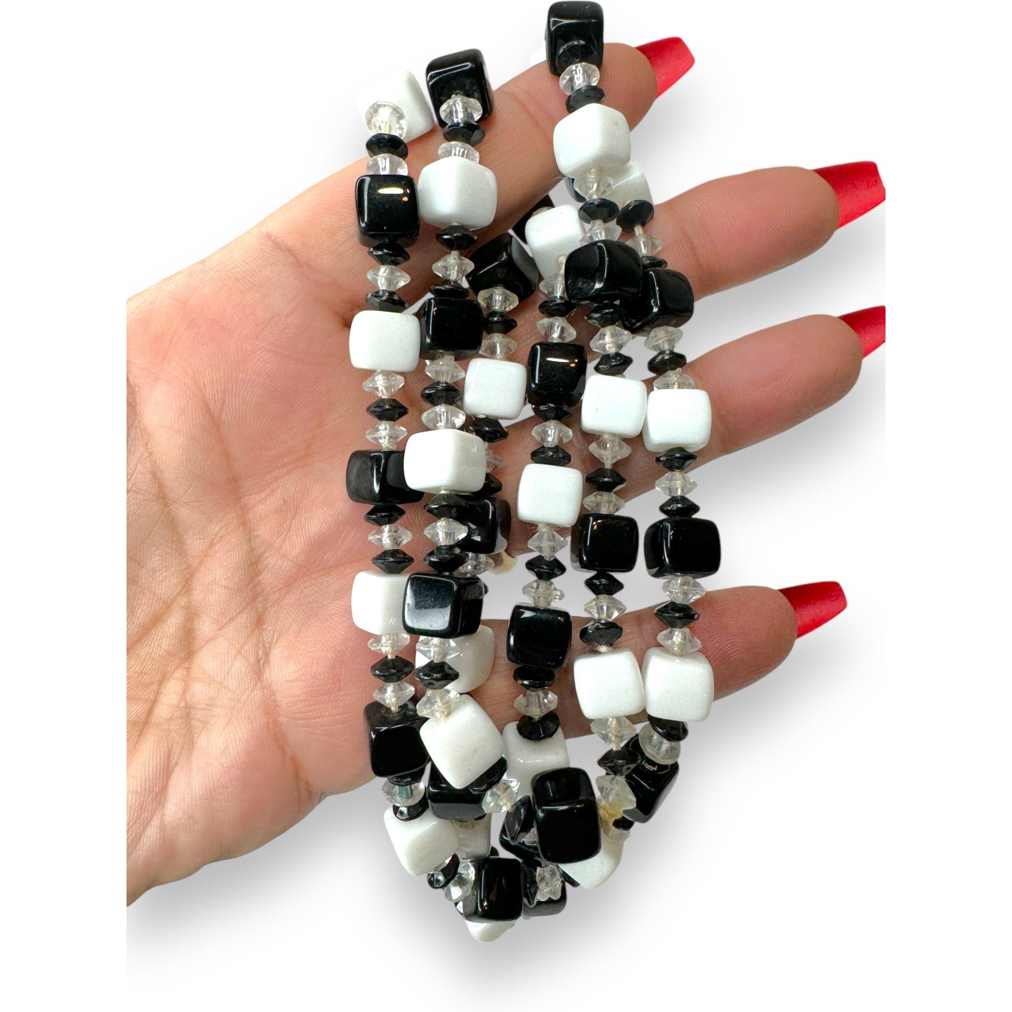 Vintage Black White GlassCube Bead Necklace 36”