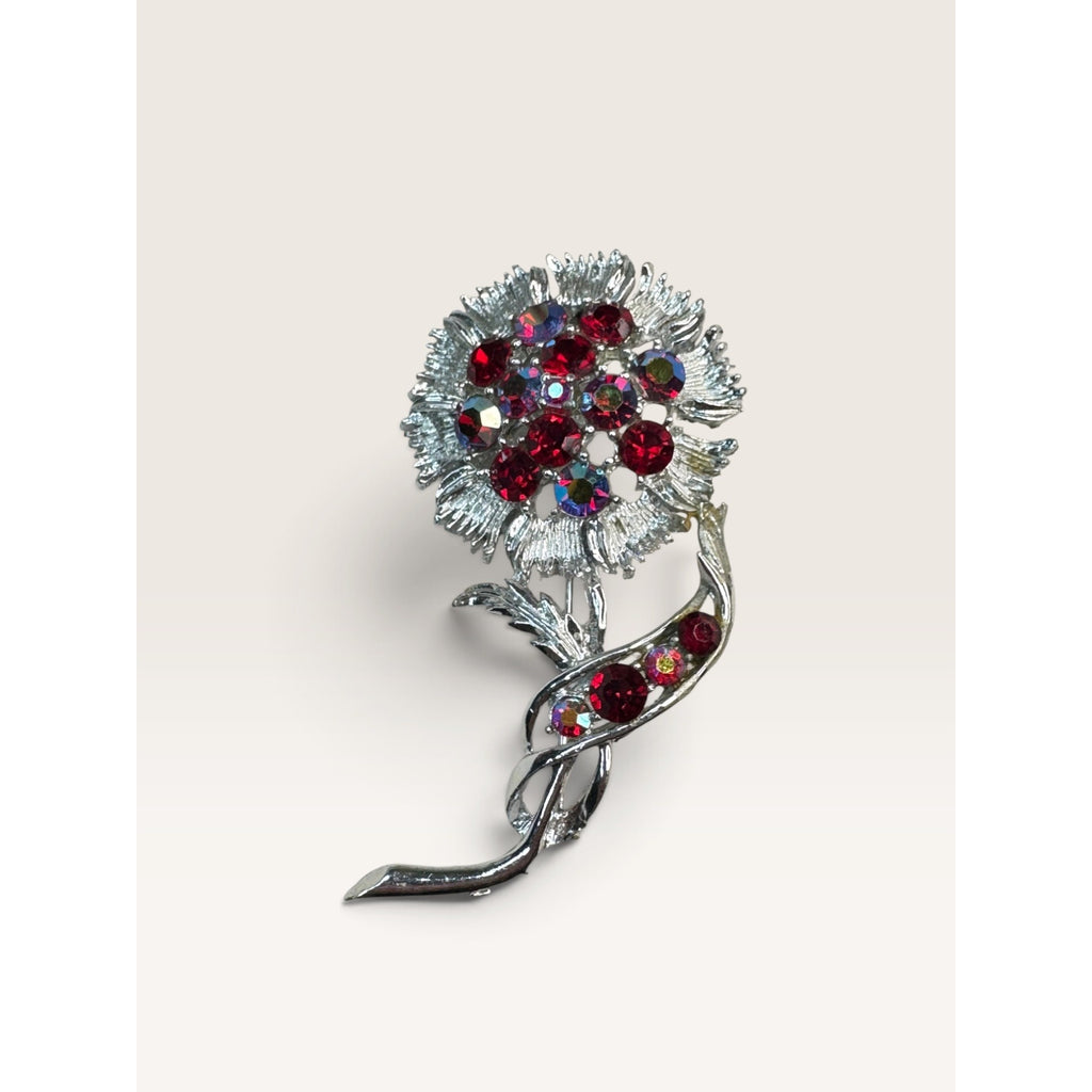 Vintage Ruby Red AB Rhinestone Carnation Flower Brooch Silver Tone Pin 2.56"