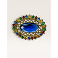 Brass Filigree Oval Brooch Blue Molded Glass Multicolor Crystals Art Deco