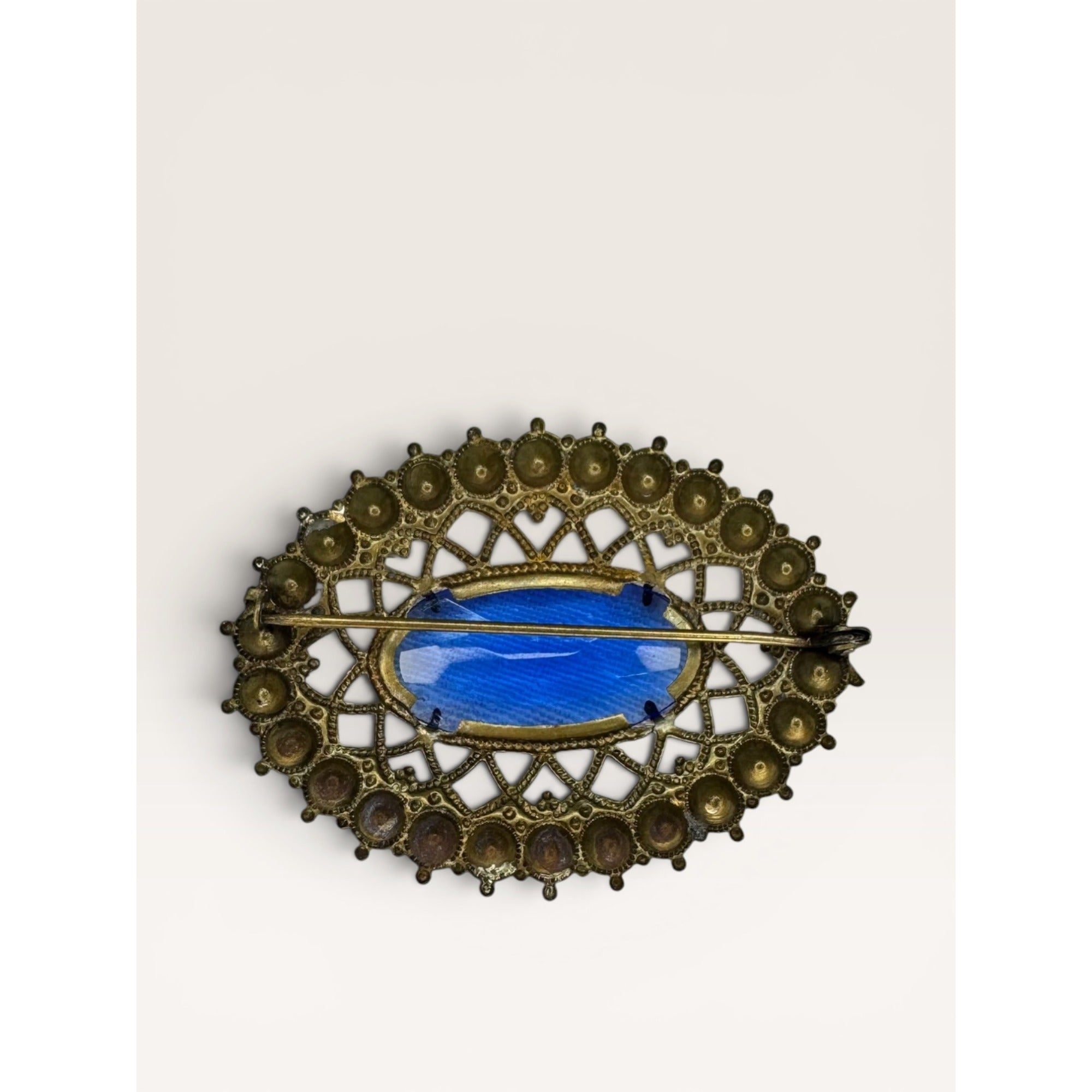 Brass Filigree Oval Brooch Blue Molded Glass Multicolor Crystals Art Deco