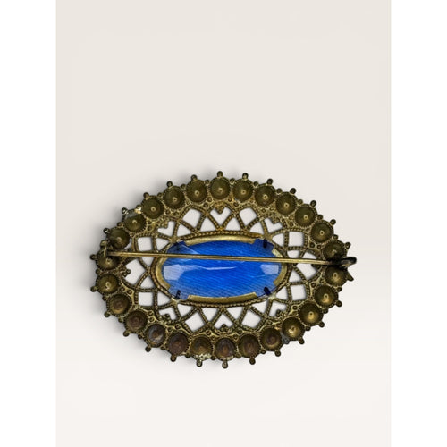 Brass Filigree Oval Brooch Blue Molded Glass Multicolor Crystals Art Deco