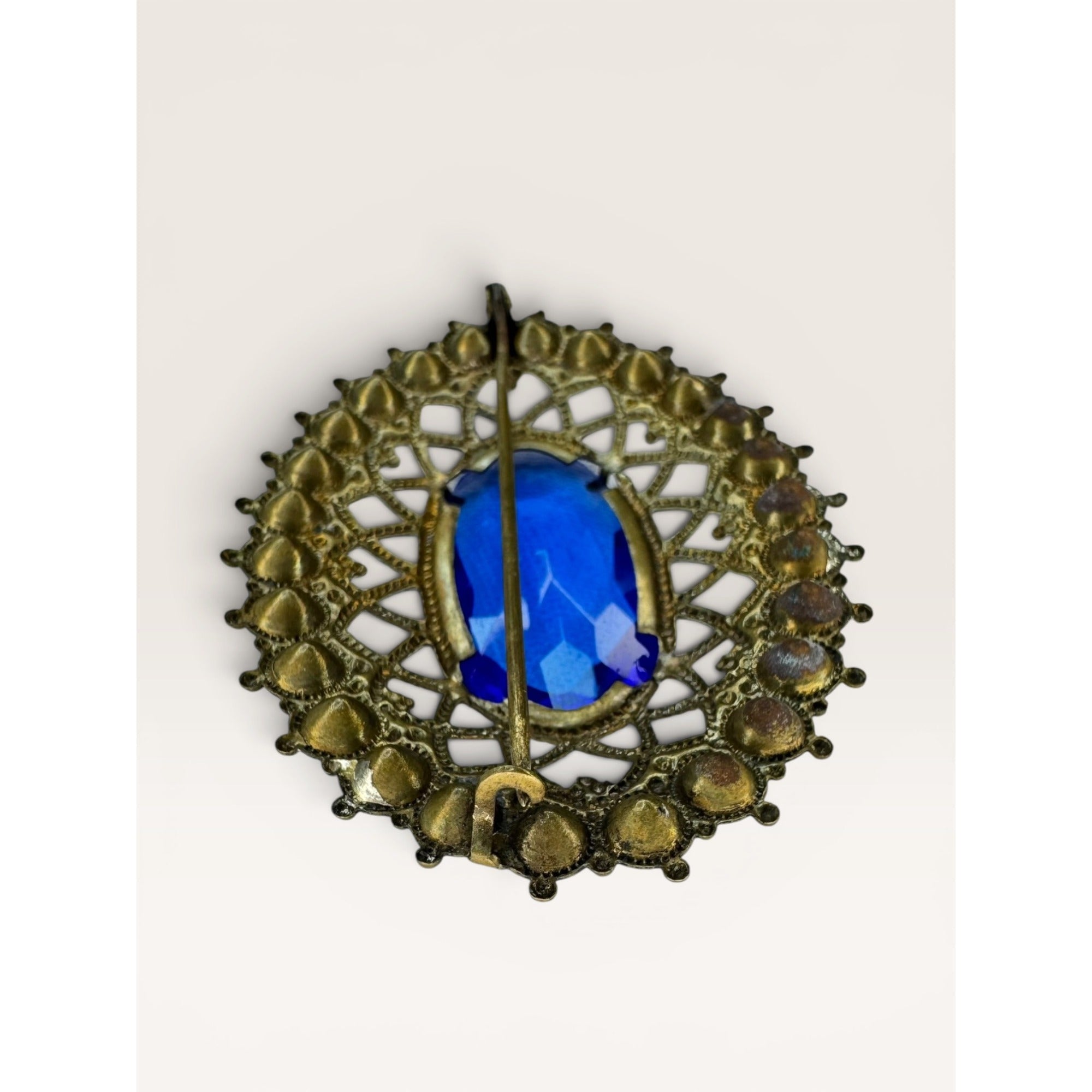 Brass Filigree Oval Brooch Blue Molded Glass Multicolor Crystals Art Deco