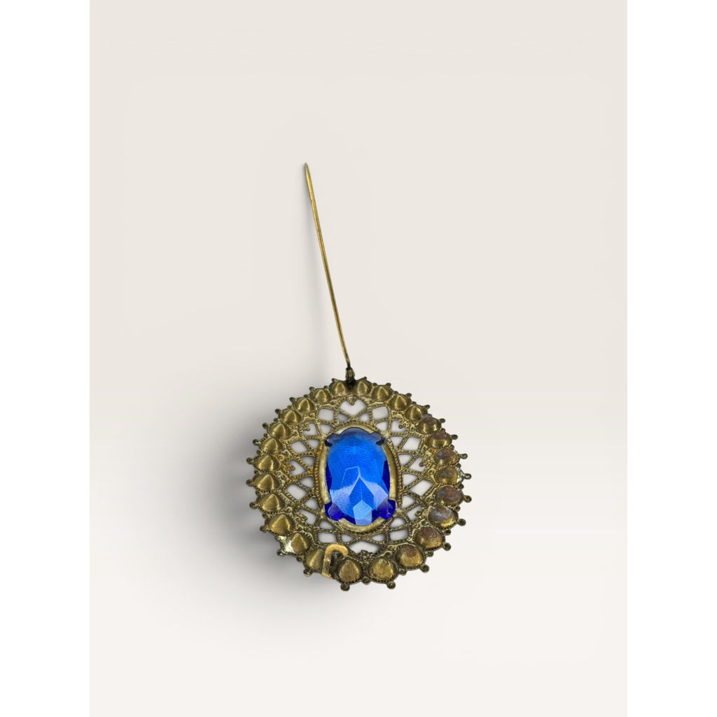 Brass Filigree Oval Brooch Blue Molded Glass Multicolor Crystals Art Deco