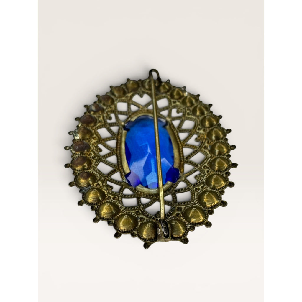 Brass Filigree Oval Brooch Blue Molded Glass Multicolor Crystals Art Deco