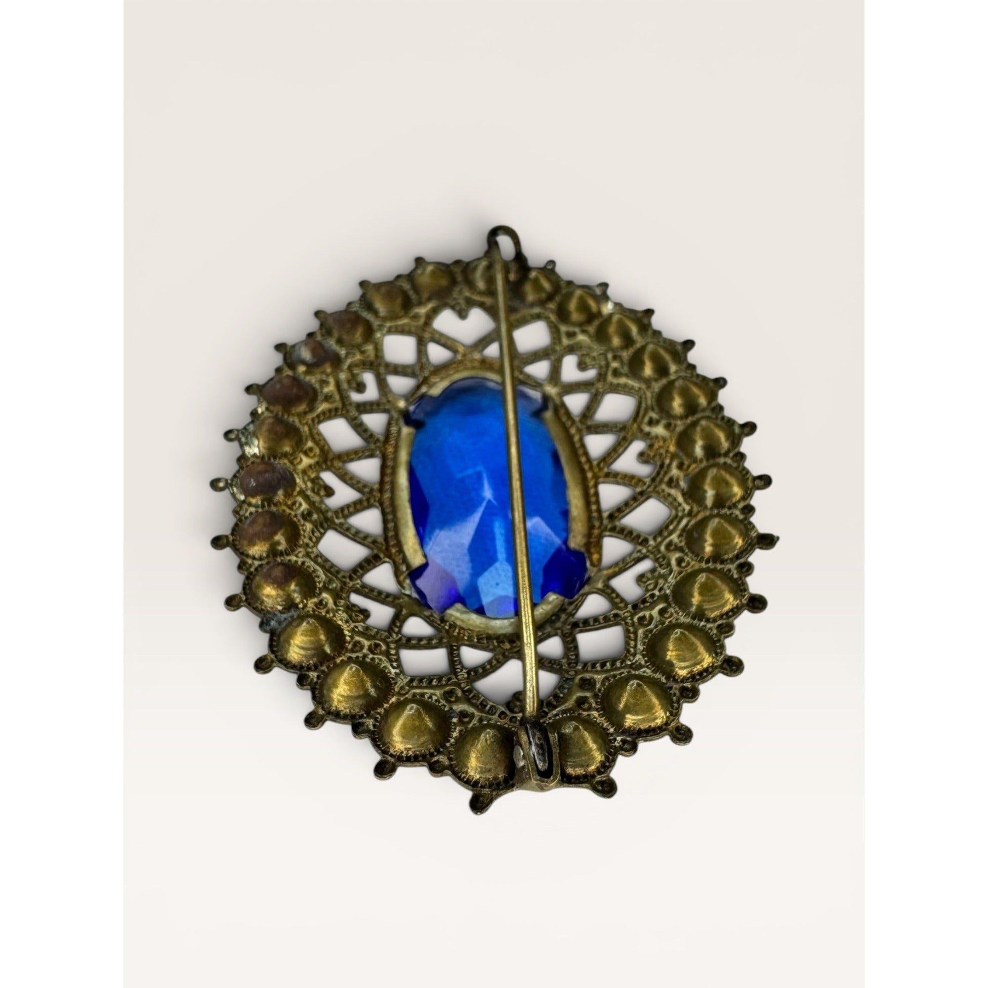 Brass Filigree Oval Brooch Blue Molded Glass Multicolor Crystals Art Deco