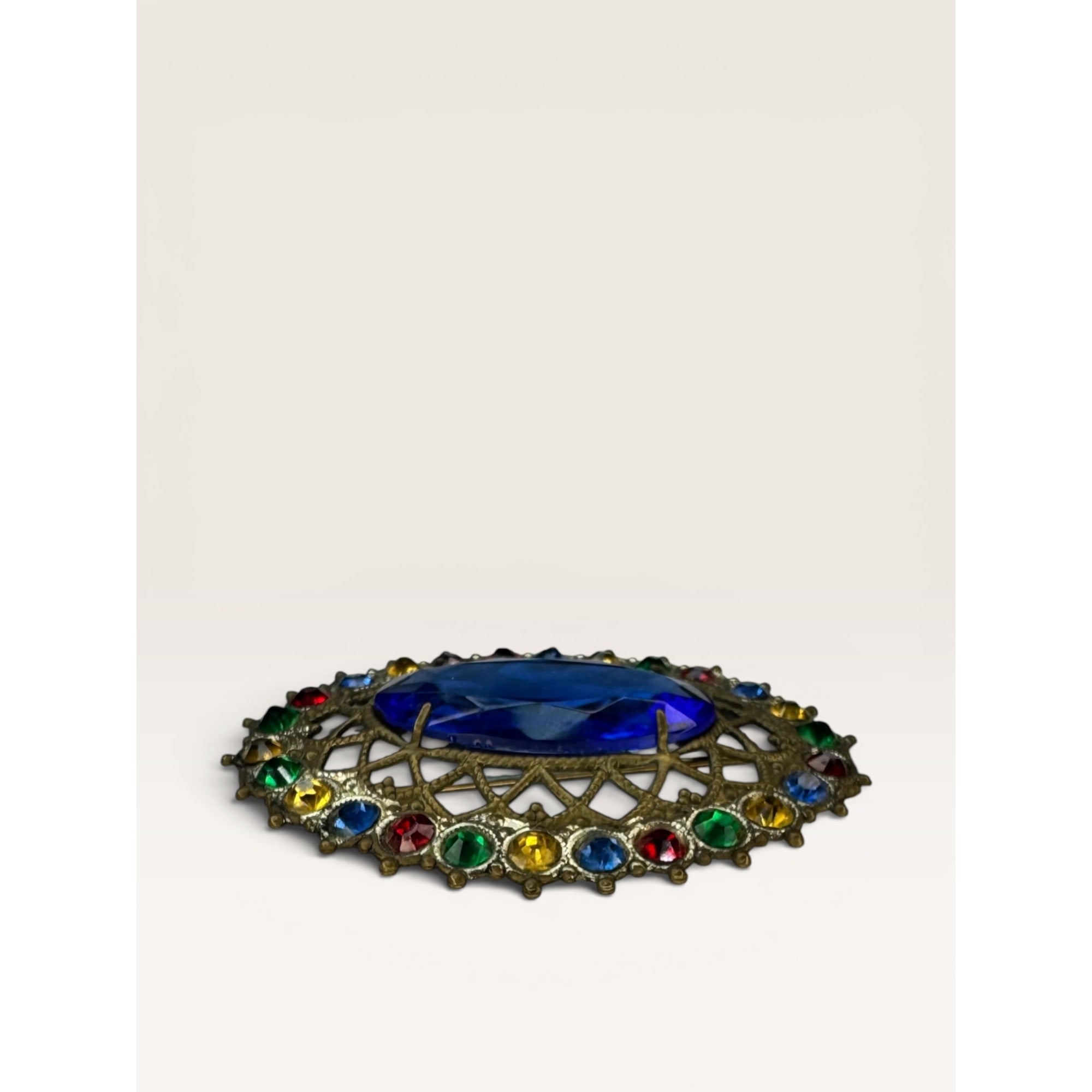 Brass Filigree Oval Brooch Blue Molded Glass Multicolor Crystals Art Deco