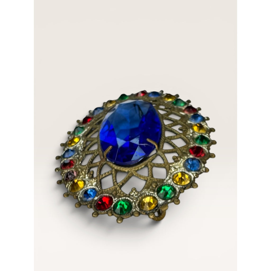 Brass Filigree Oval Brooch Blue Molded Glass Multicolor Crystals Art Deco