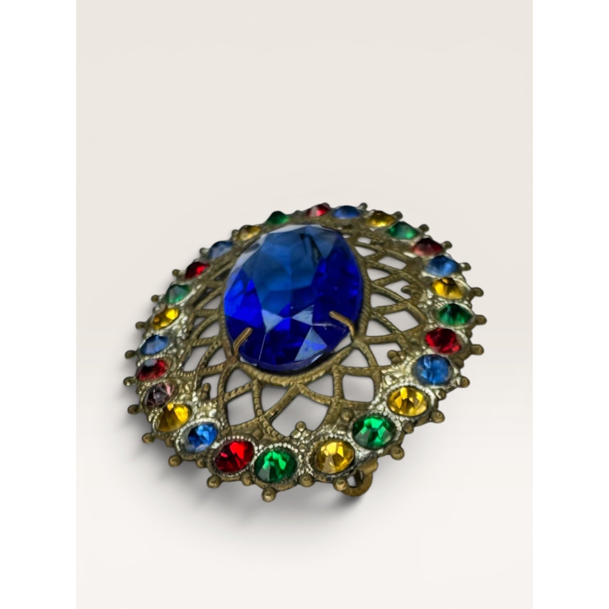 Brass Filigree Oval Brooch Blue Molded Glass Multicolor Crystals Art Deco