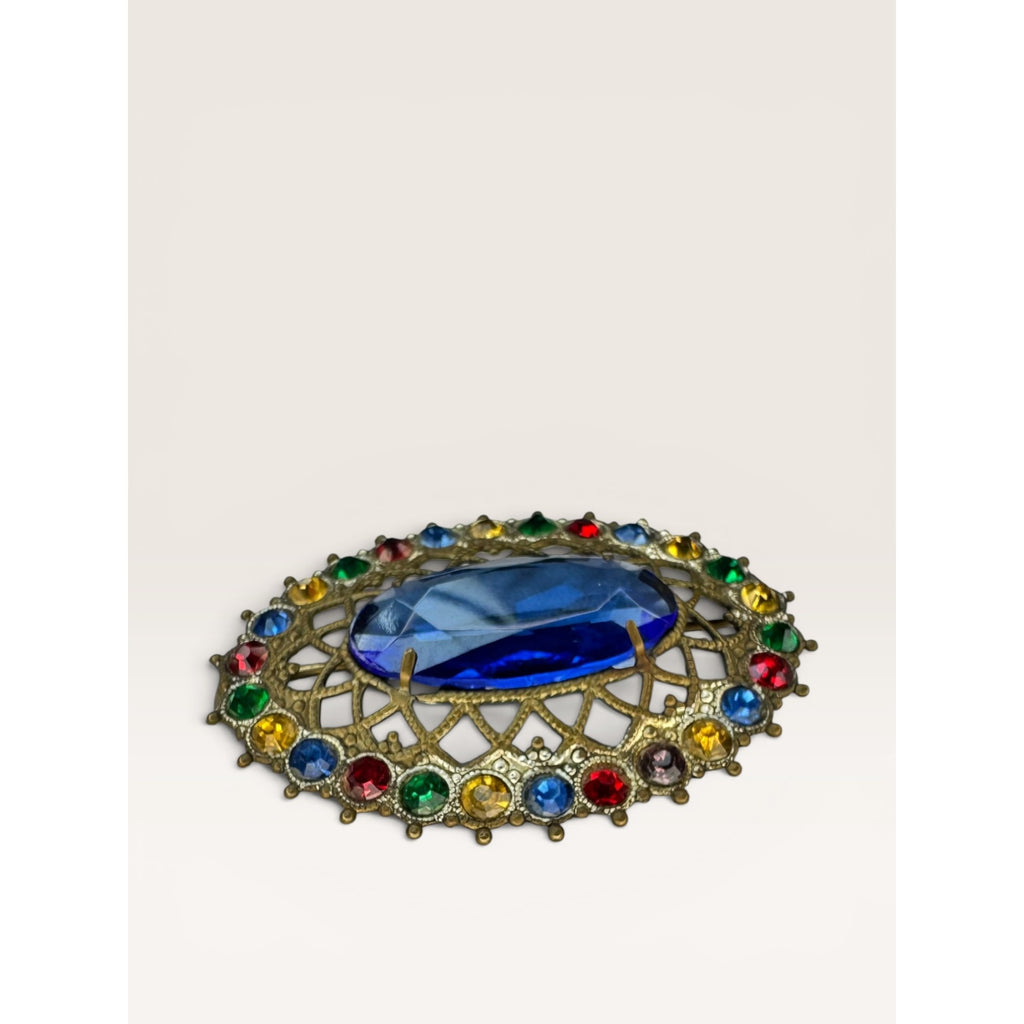 Brass Filigree Oval Brooch Blue Molded Glass Multicolor Crystals Art Deco
